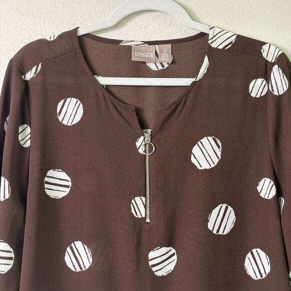 Chicos Top Womens 2 Us L Brown White Circles Geometric Slit Tie Sleeve 1/4 Zip - Picture 2 of 13